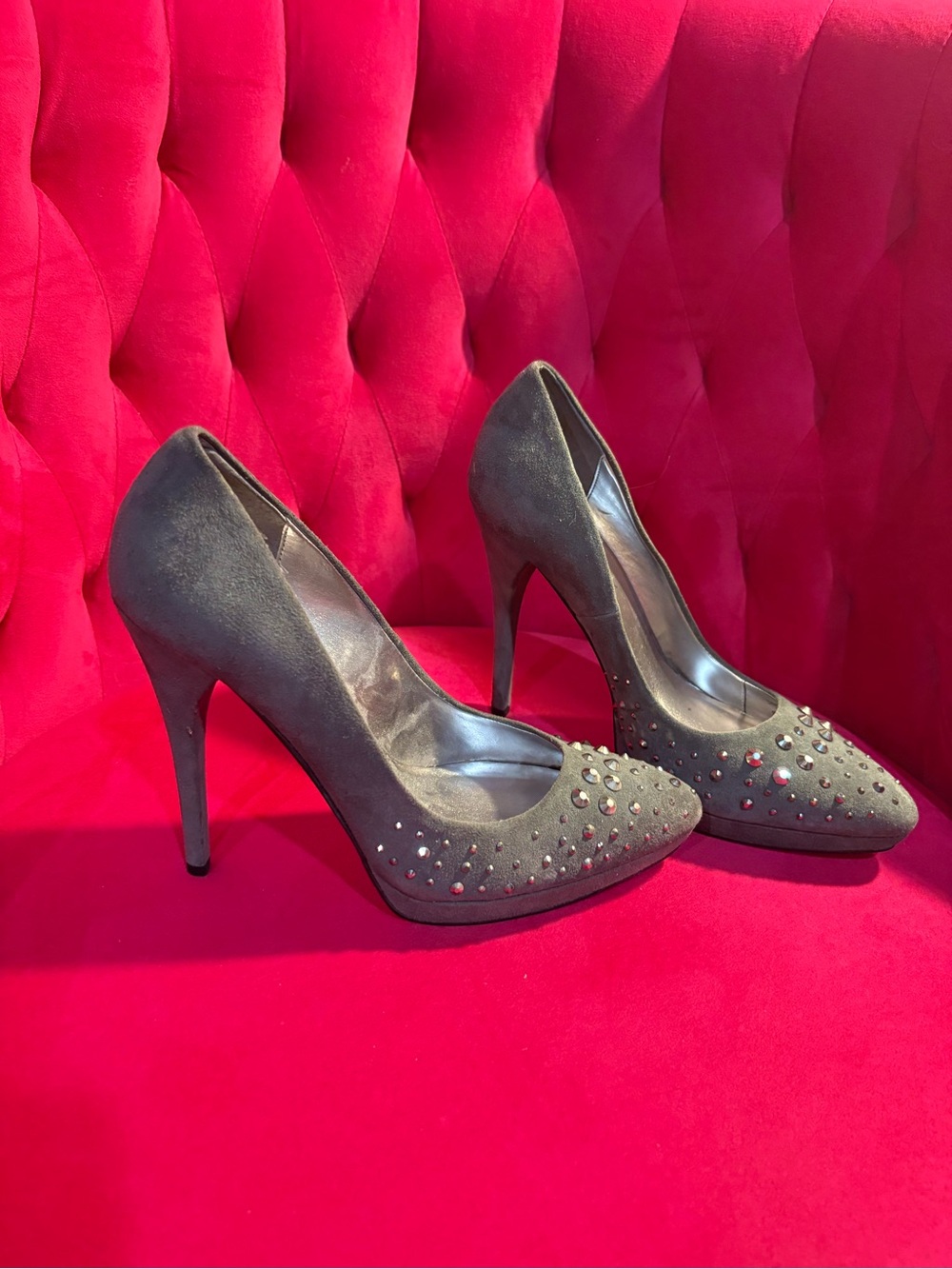 J.Renee Gray Suede Pointed-Toe Stiletto Heels with Stud Accents